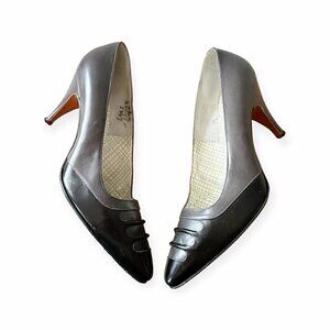 Vintage Gray and Black Leather Pumps, Saks Fifth Avenue, Fenton Last, Size 5.5 B